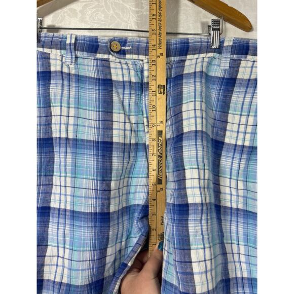 Reversible Shorts 42 Blue Plaid 100% Linen Pockets Bermuda - Picture 6 of 13